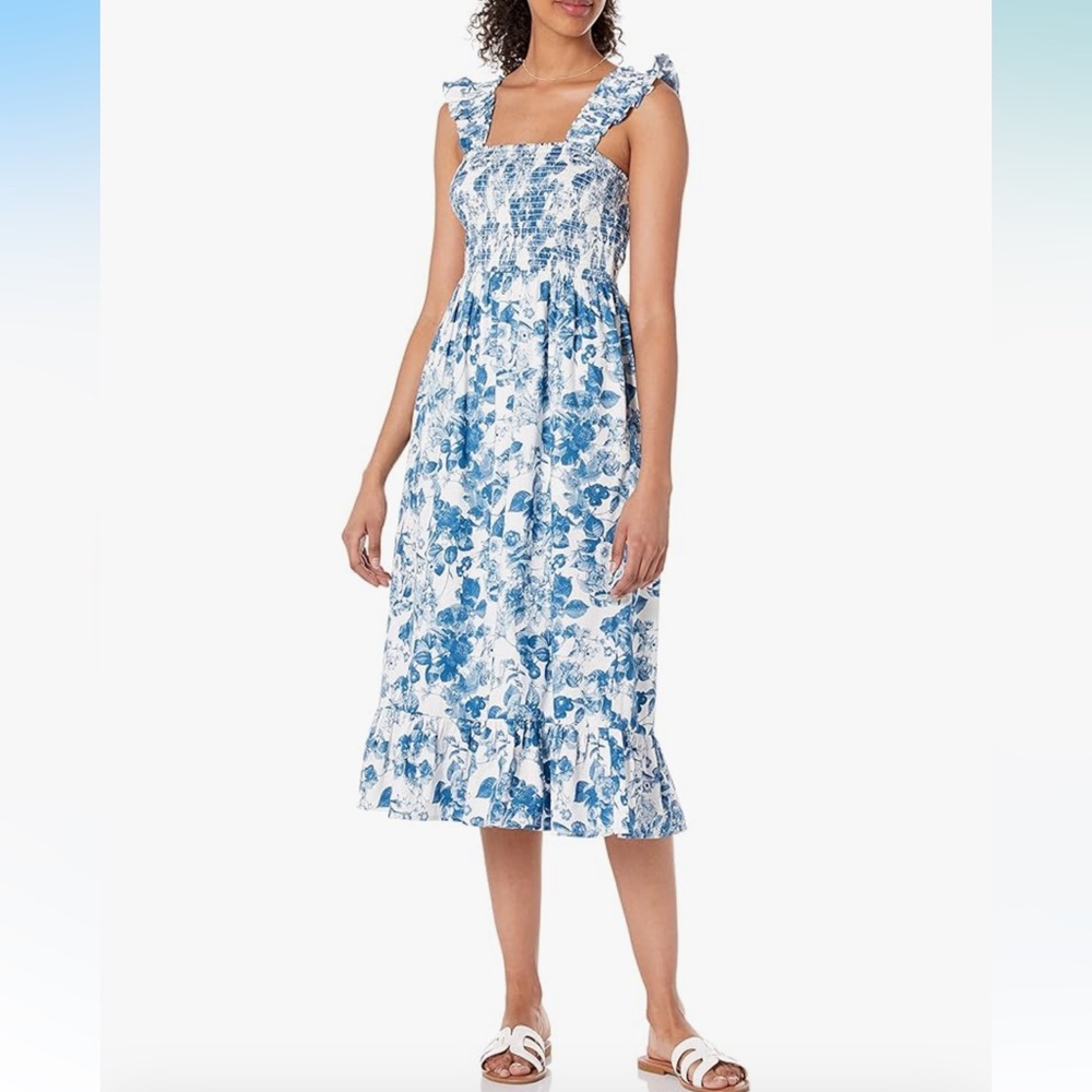 NWT The Drop Kimi Ruffled Shoulder Smocked Midi Dress